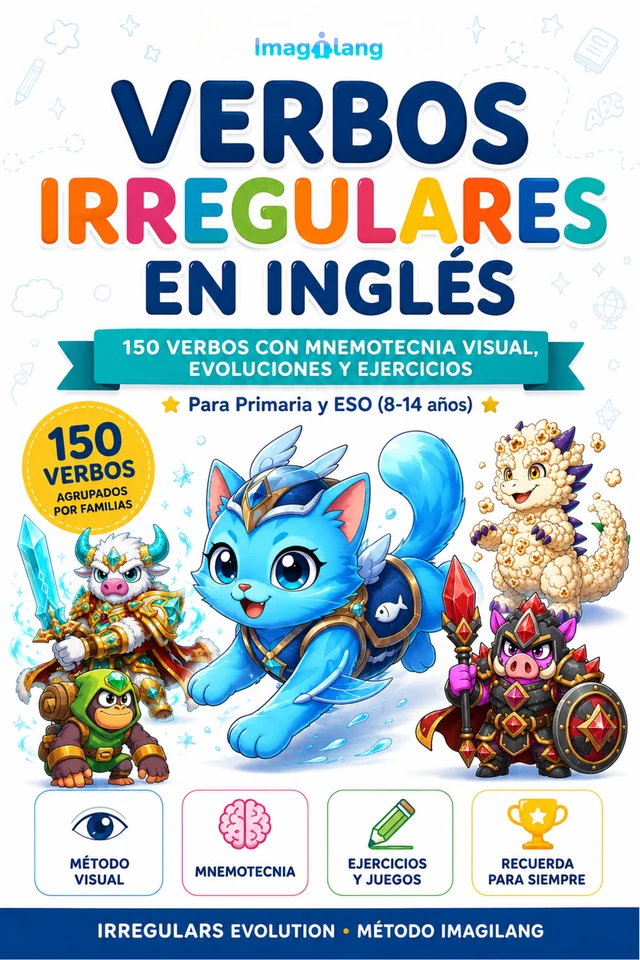 Portada del libro Verbos irregulares en inglés de Imagilang, con sus personajes ilustrados a todo color