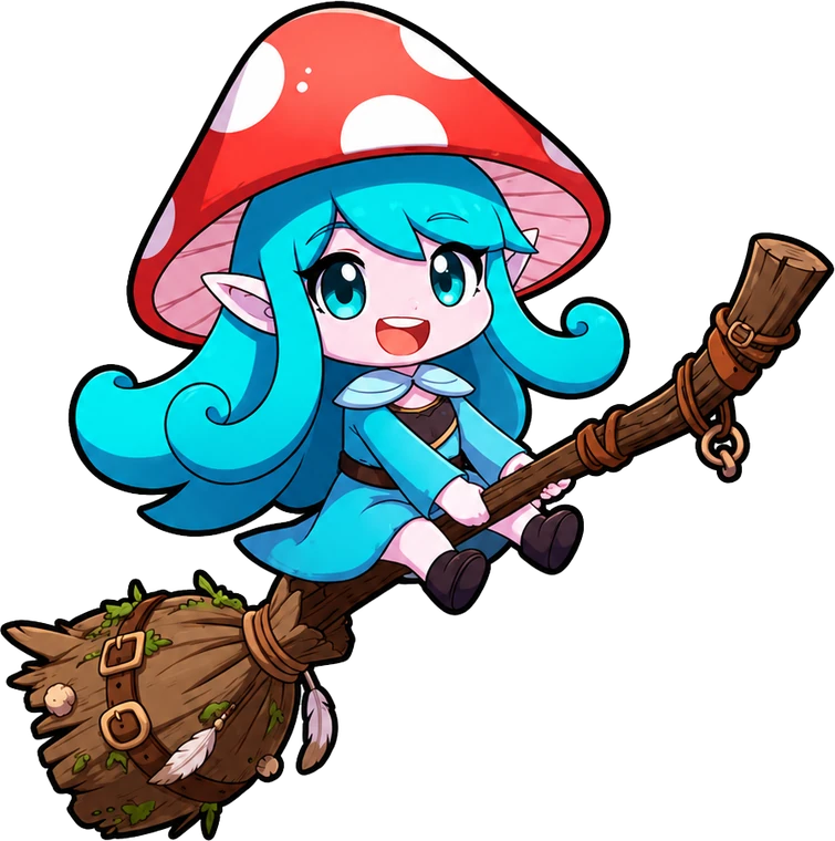 La bruja con sombrero de seta de la carta Happy, volando feliz en su escoba