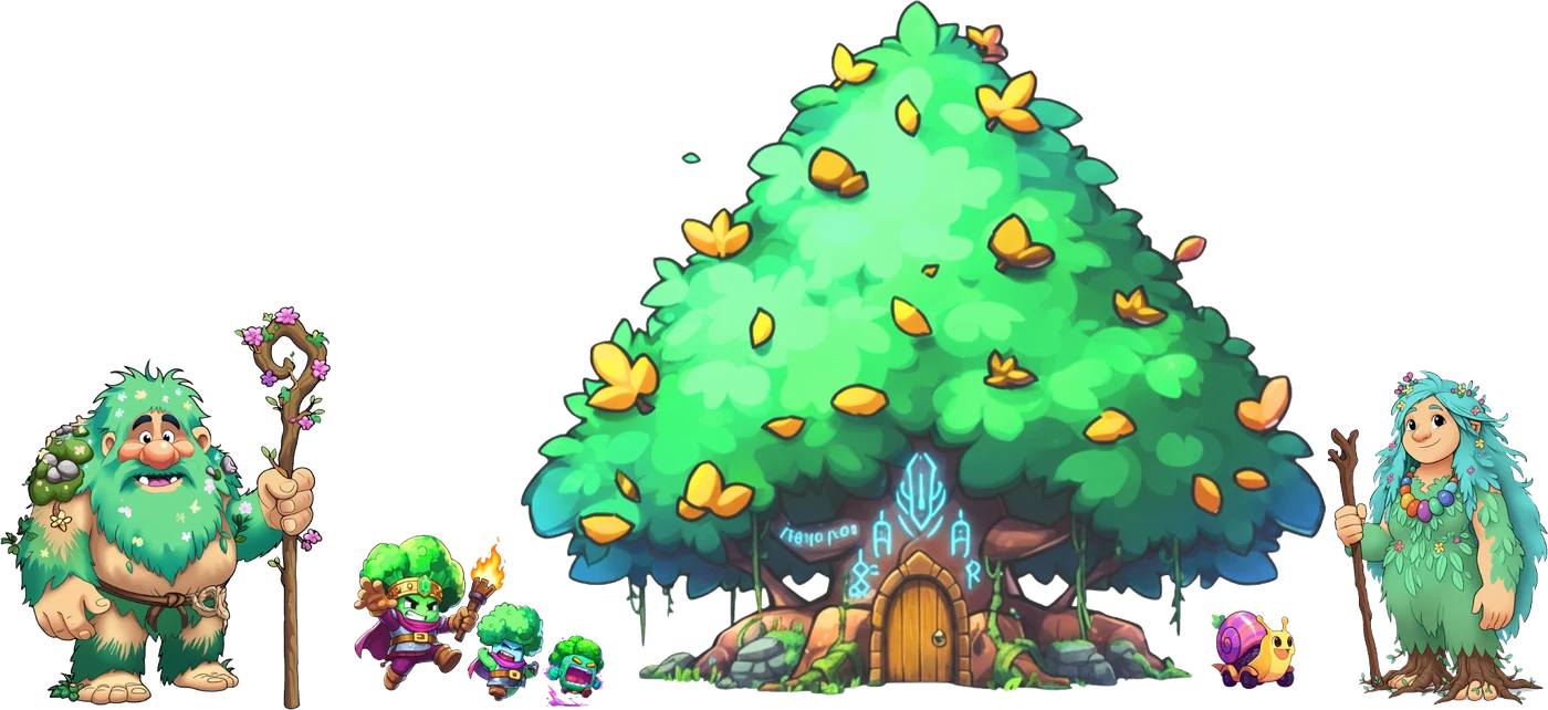Personajes del bosque alrededor de un gran árbol