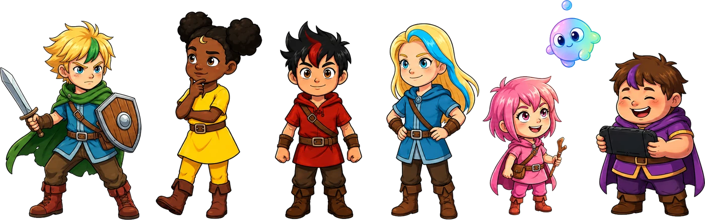 Grupo de niños aventureros del universo de los verbos regulares