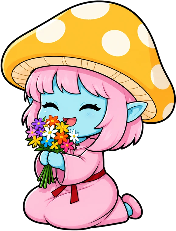 Personaje seta oliendo un ramo de flores en un prado